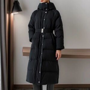 Dark Navy Long Wool and Goose Down Hooded Puffer Coat